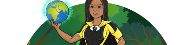 A female cartoon superhero dressed in yellow and black, under which there is a caption saying 'Francisca works to champion black geographers'