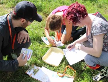 A group of teachers crouched around a sampling kit, testing the pH of something