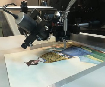 A historic watercolour of a woman in a yellow and blue dress being scanned by a spectrometer