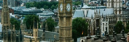 A view of the houses of Parliament in London with Big Ben and London stretching off into the distance