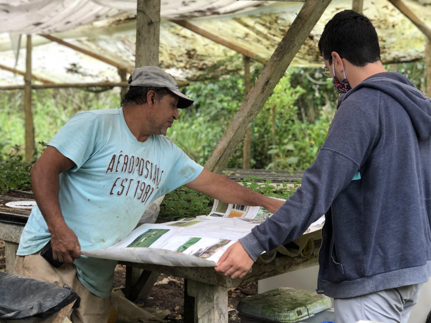 Two people under a planting shelter holding out a large piece of paper on a wooden table. The two people are looking and pointing at the paper. 