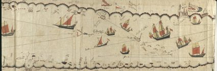 A historic sea-route map of the Arabian coast, showing ships and placenames