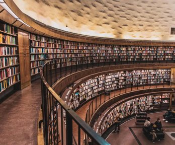 Curved bookshelves in a library