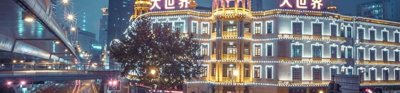 A corner of s busy Chinese street, taken at night. The buildings are covered in neon lights and the photo is taken with a long exposure so car headlights are seen a streaks of white light moving down the road